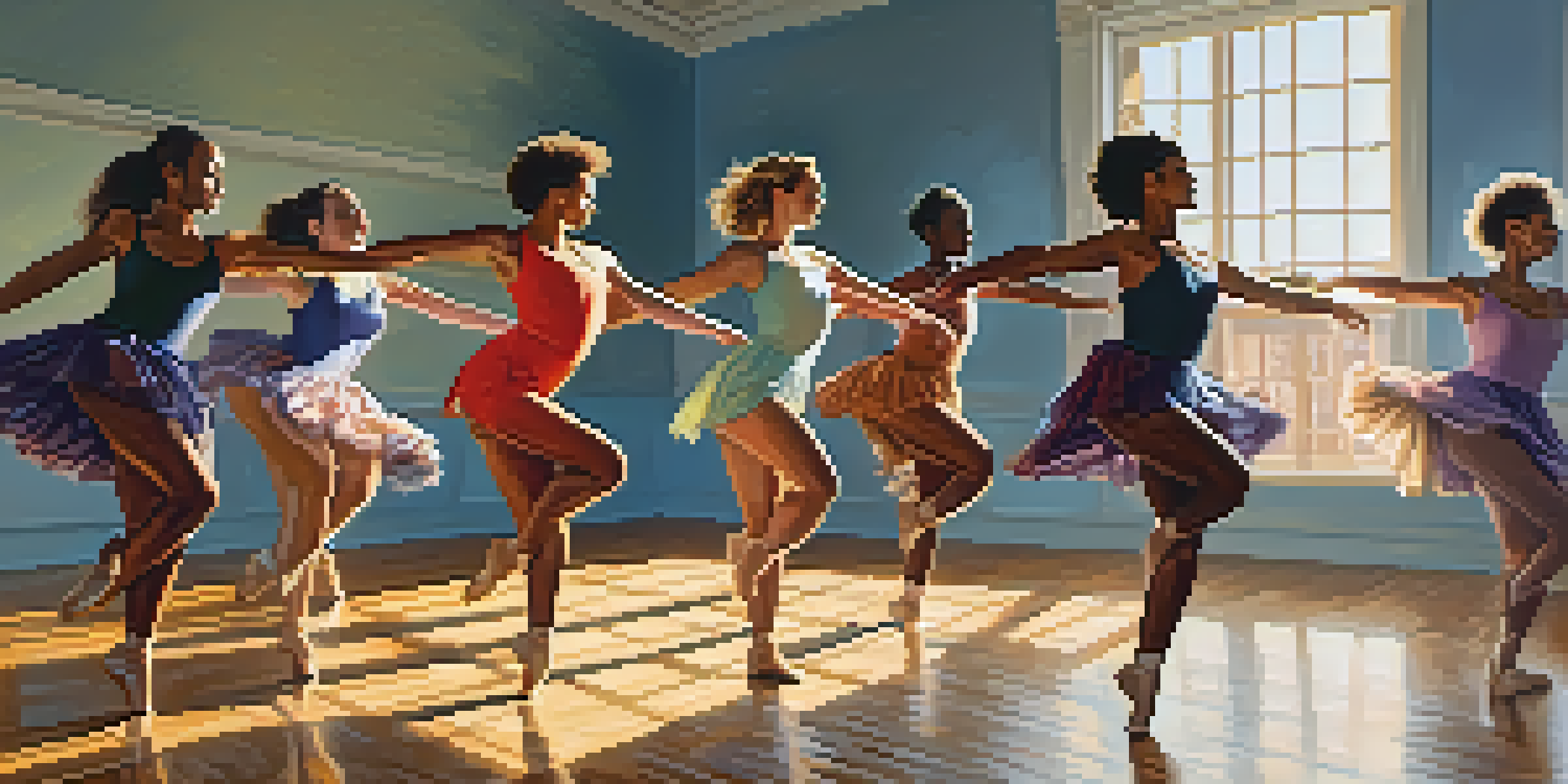 A group of diverse dancers in a bright studio, each showcasing different body types and dance styles while moving joyfully.
