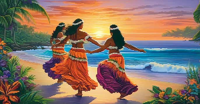 A traditional Polynesian hula dance performed at sunset with dancers in floral attire and a tropical landscape.