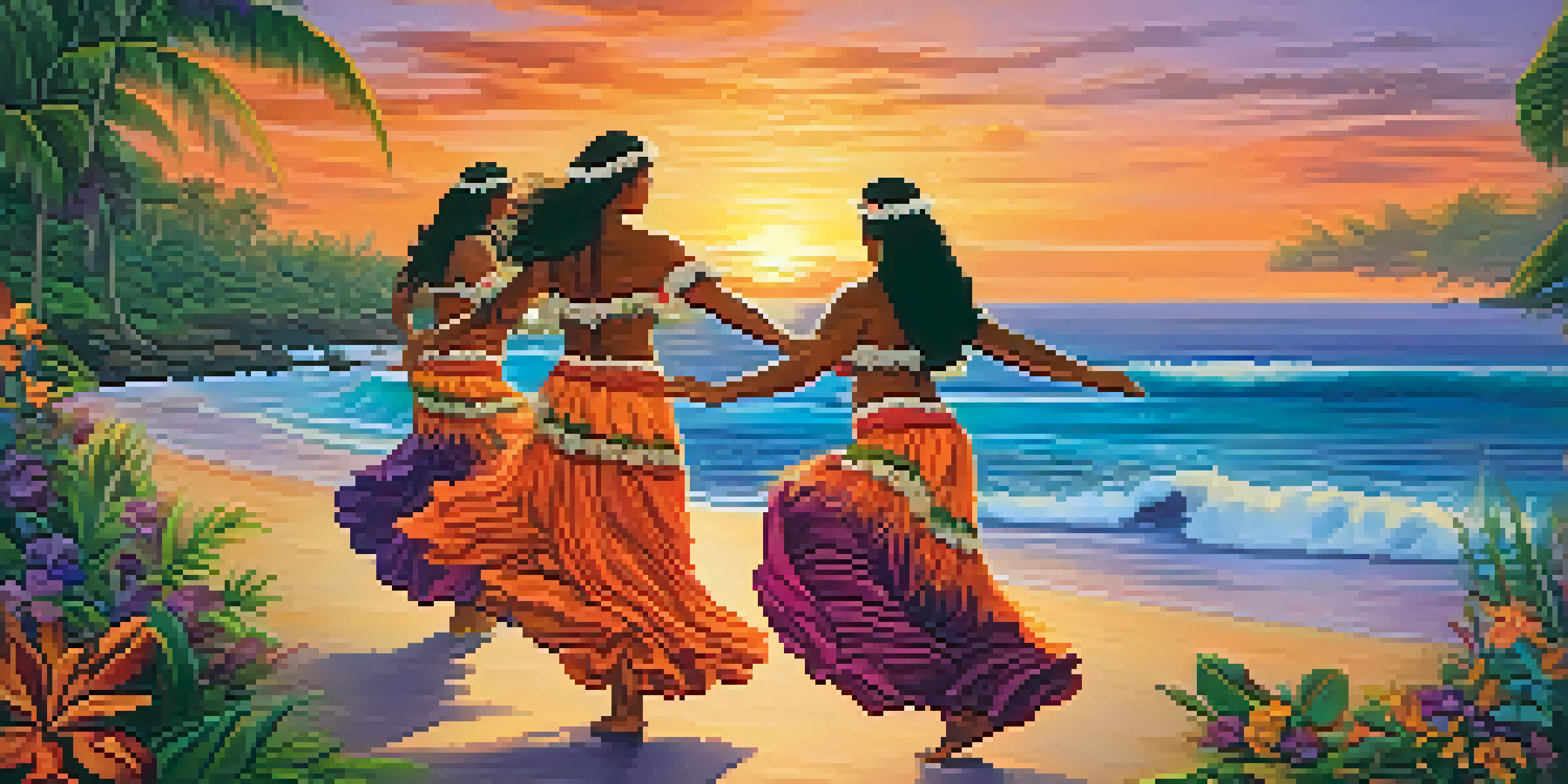 A traditional Polynesian hula dance performed at sunset with dancers in floral attire and a tropical landscape.