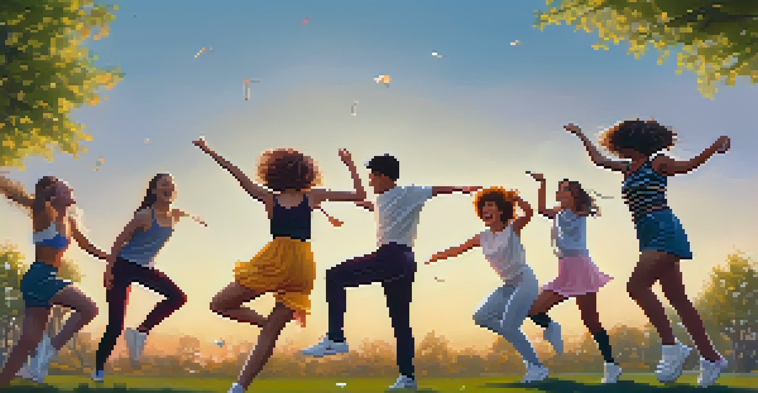 A group of young people dancing in a park during a TikTok challenge, with a smartphone capturing their performance and a sunset in the background.