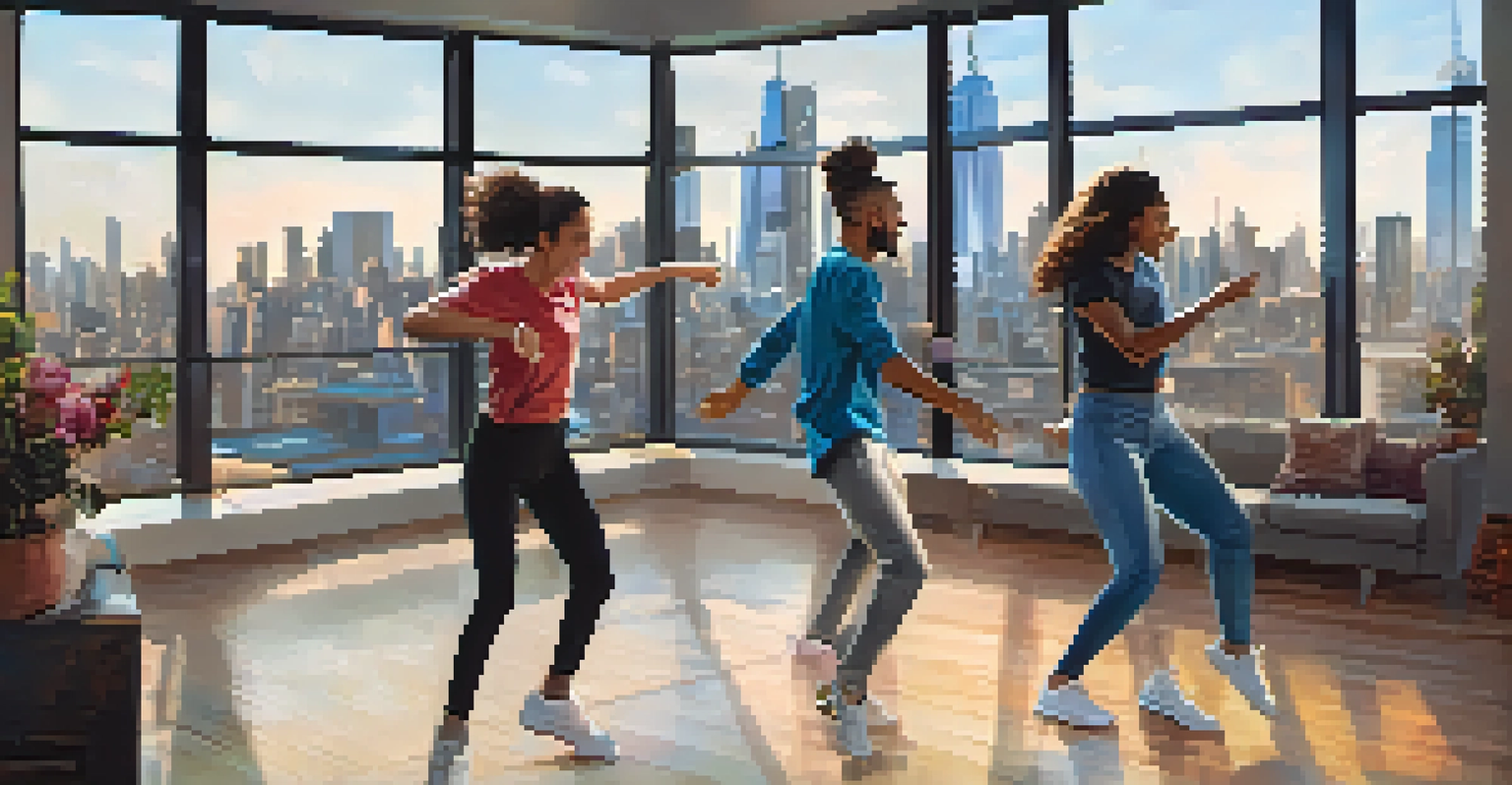 A split-screen showing friends dancing in a living room and individuals dancing on a rooftop with a city skyline.