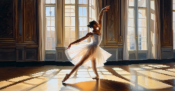 A ballet dancer in a white dress performing a pirouette on stage, illuminated by warm sunlight, with the audience in the shadows.