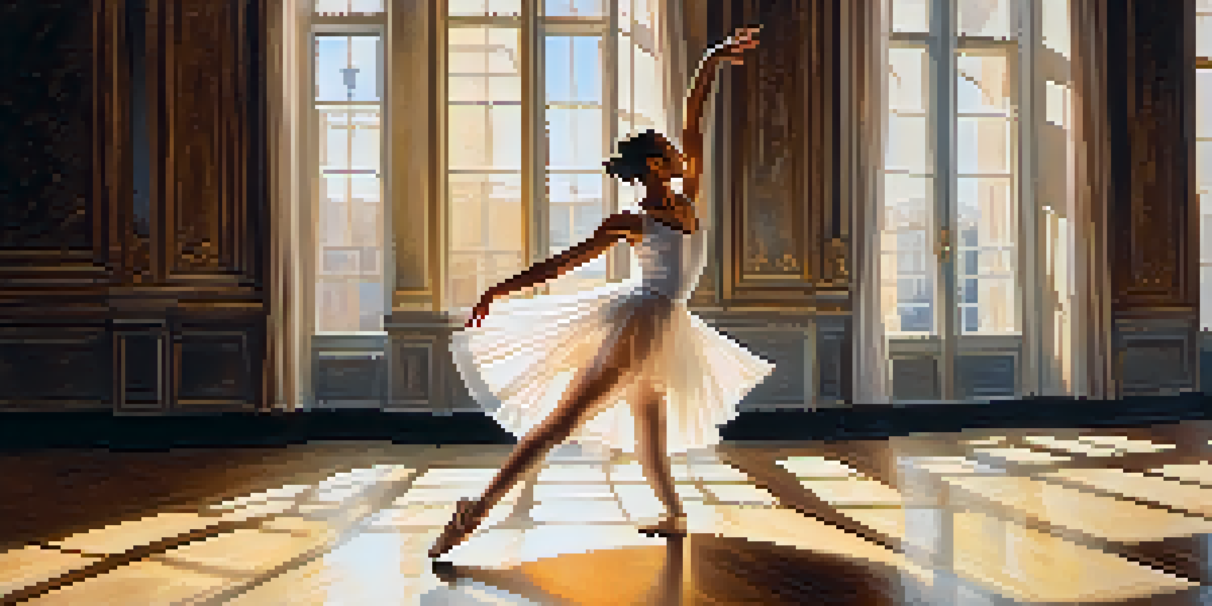 A ballet dancer in a white dress performing a pirouette on stage, illuminated by warm sunlight, with the audience in the shadows.