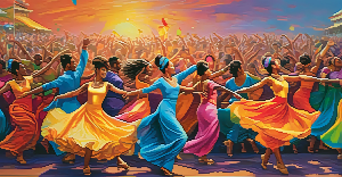 A lively dance festival with diverse dancers in colorful costumes, showcasing movement and energy against a sunset backdrop.