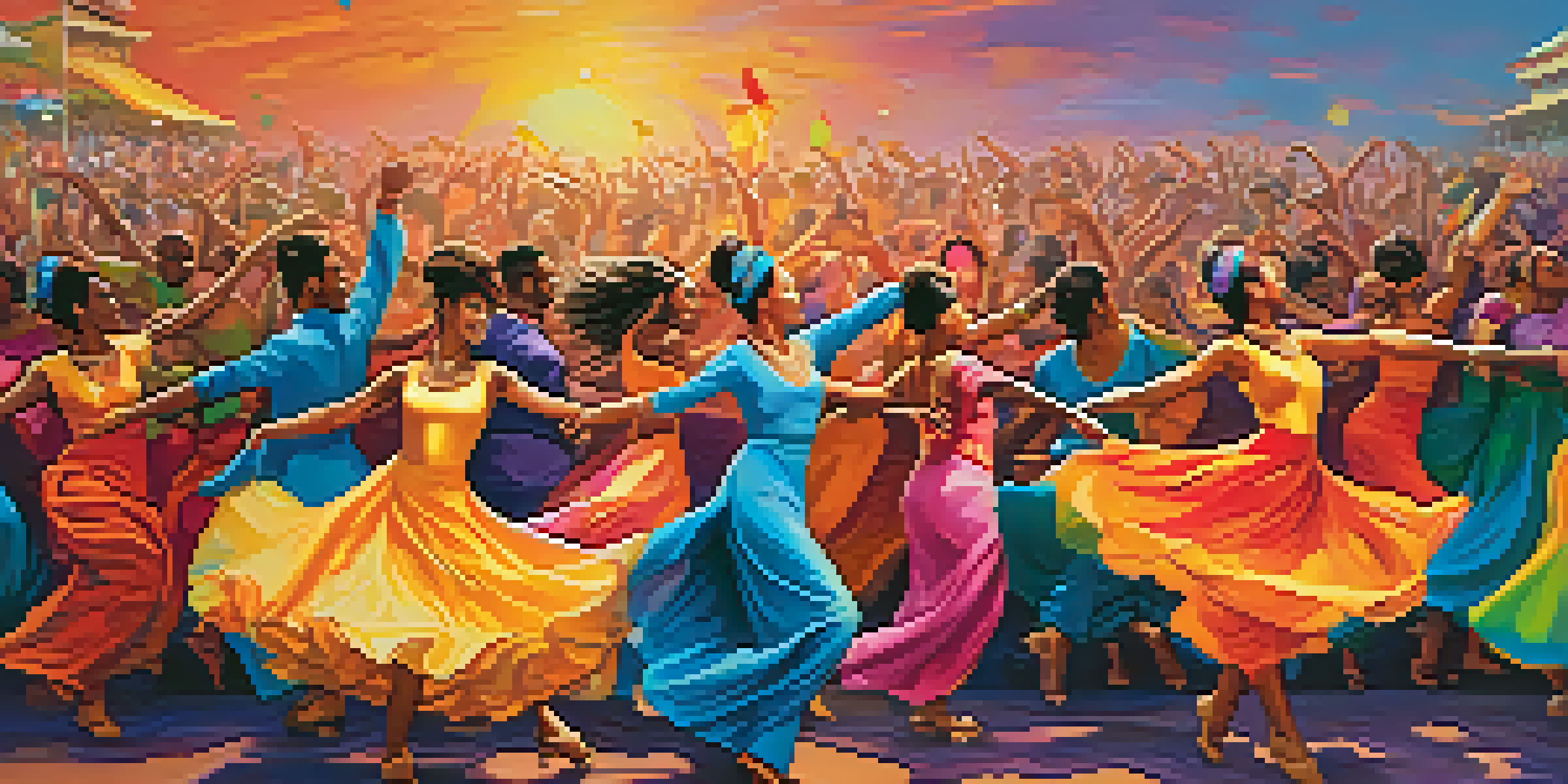 A lively dance festival with diverse dancers in colorful costumes, showcasing movement and energy against a sunset backdrop.