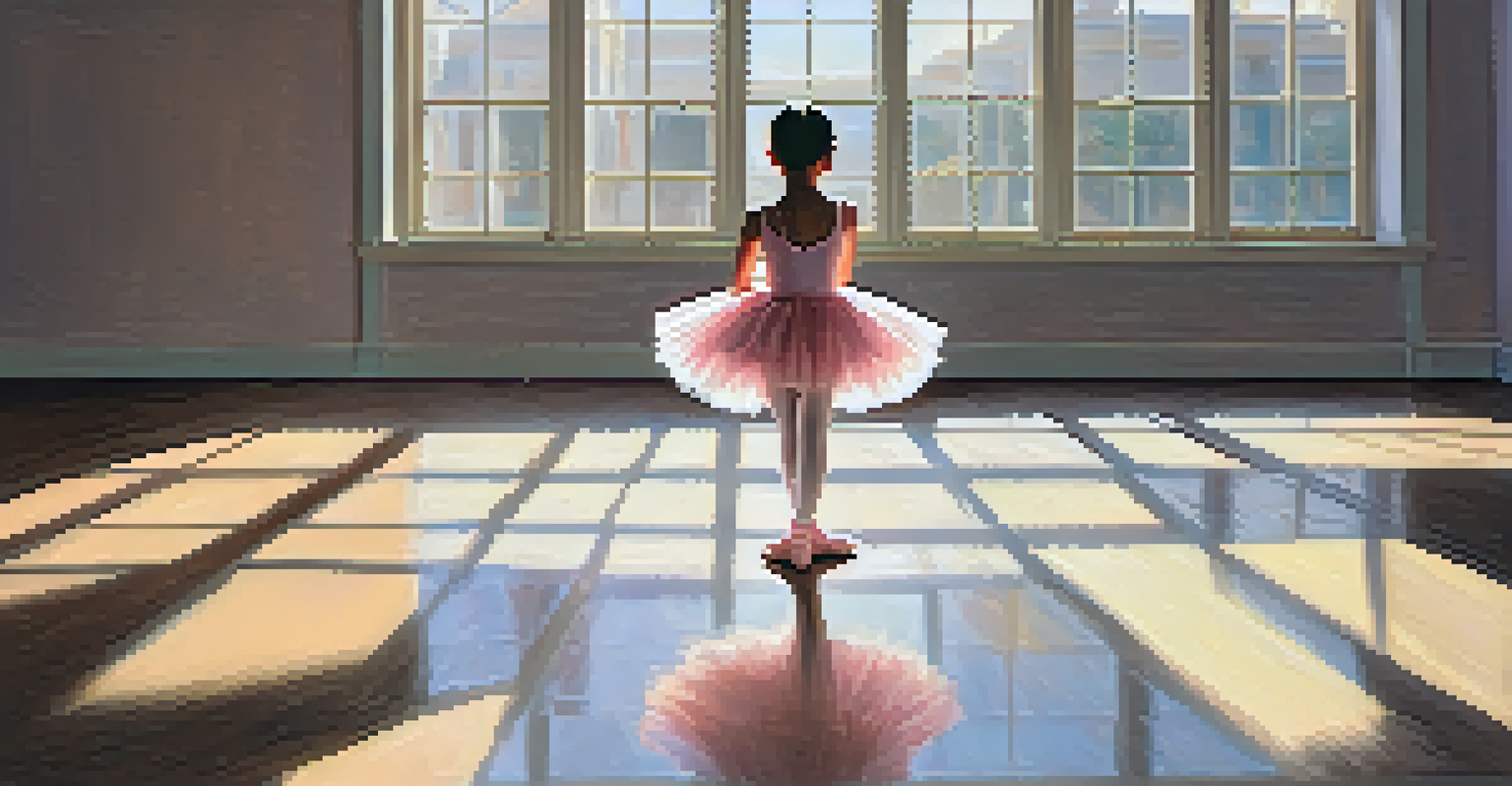 A young girl practicing ballet in a sunlit studio, dressed in a pink tutu and slippers, reflecting grace and determination.