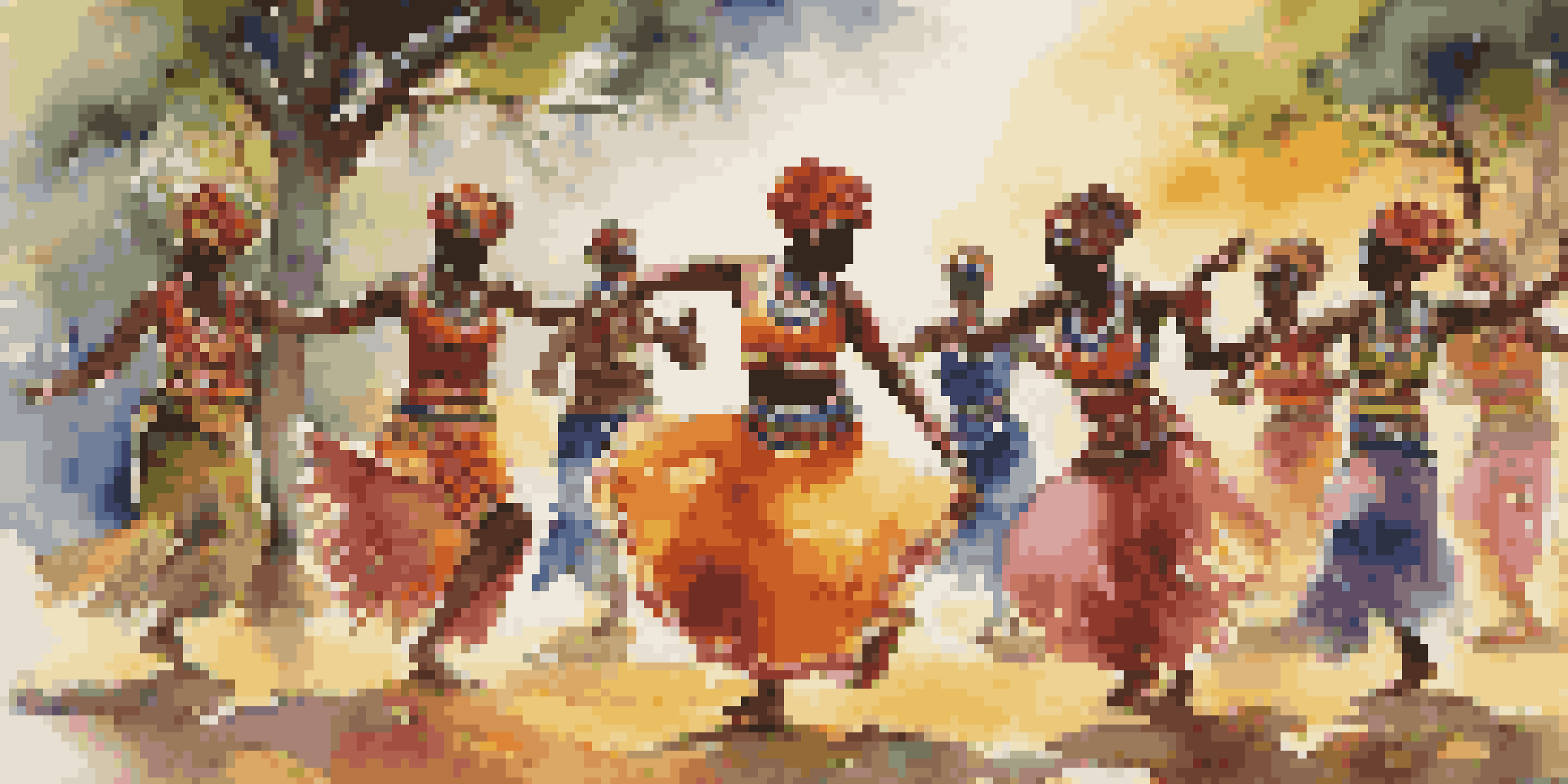 A group of dancers in colorful African traditional attire performing in a lush landscape, showcasing fluid movements and expressions of joy.