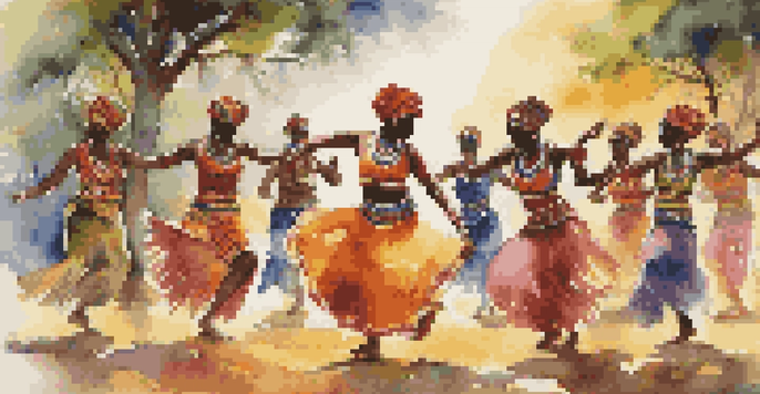 A group of dancers in colorful African traditional attire performing in a lush landscape, showcasing fluid movements and expressions of joy.