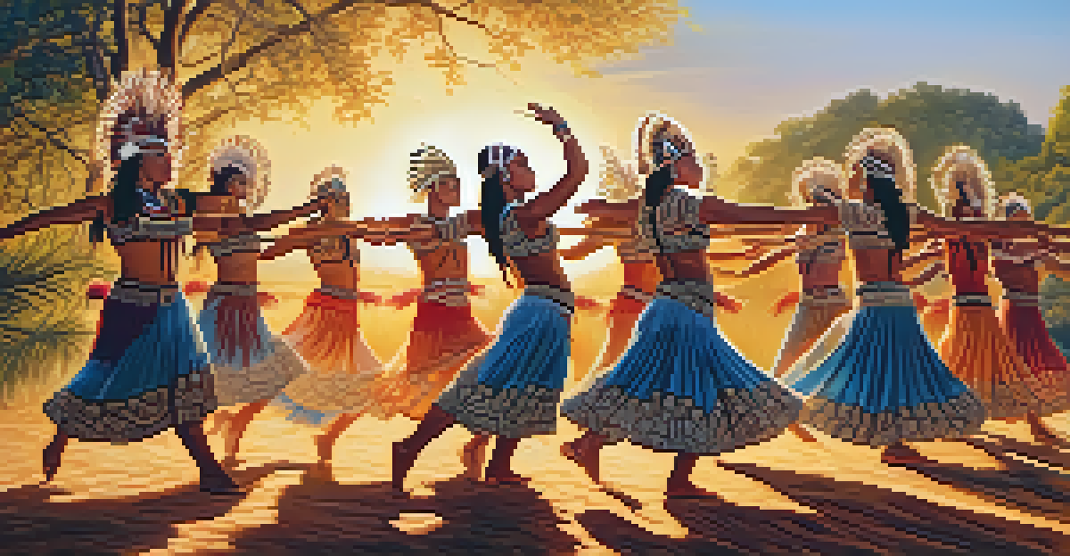 An Indigenous dance performance in nature, with dancers in traditional costumes captured mid-movement at sunset.