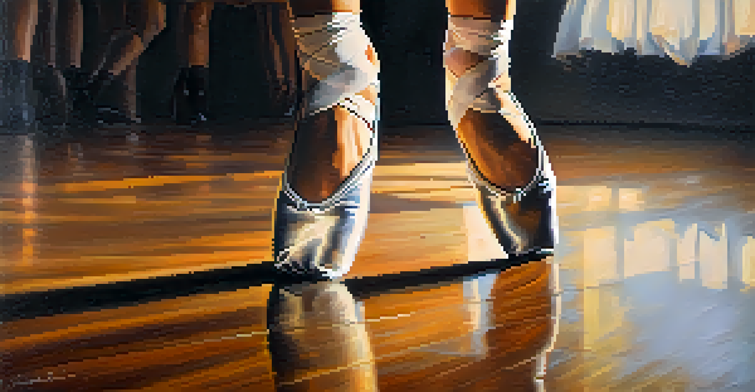 A close-up of a dancer's feet in ballet shoes on a wooden floor, emphasizing focus and calmness.