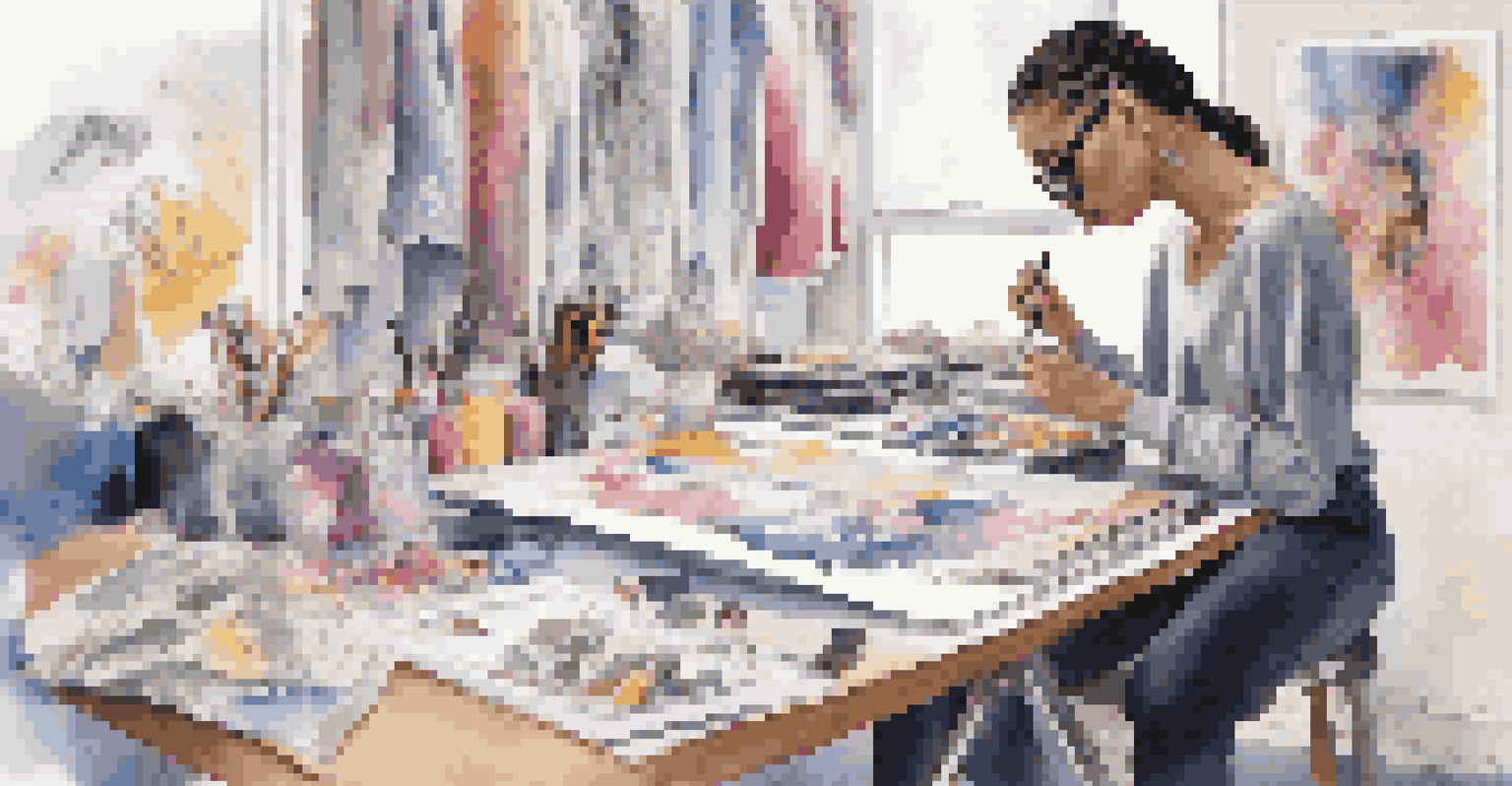A non-binary fashion designer sketching unisex dance attire in a creative workspace filled with fabrics and design tools.