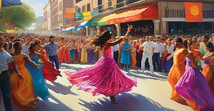 A lively dance festival with a flamenco dancer in a colorful dress and a hip-hop dancer in action, surrounded by a cheering crowd and vibrant banners.