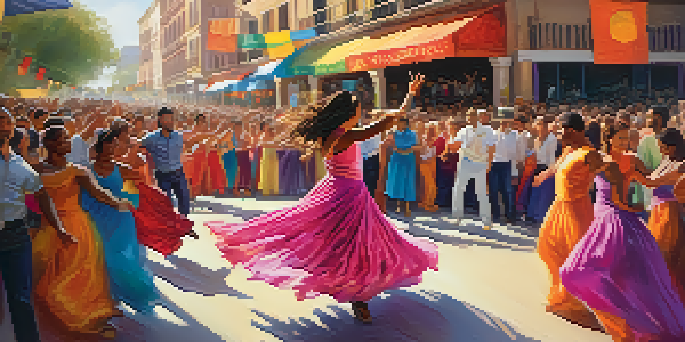 A lively dance festival with a flamenco dancer in a colorful dress and a hip-hop dancer in action, surrounded by a cheering crowd and vibrant banners.
