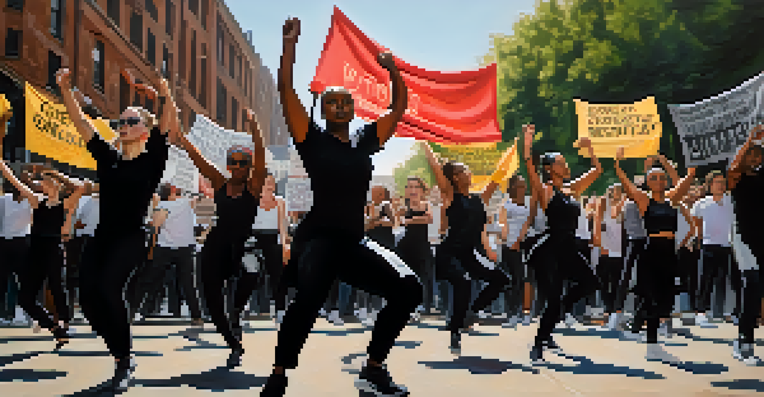 A diverse group of dancers in black clothing performing a powerful protest dance in an outdoor public space with banners advocating for social justice.