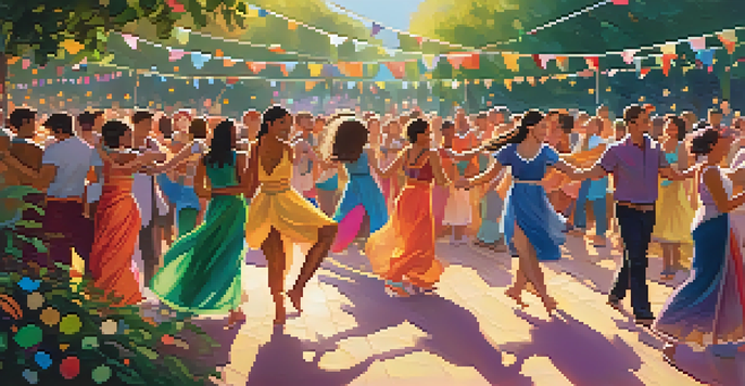 A lively outdoor festival with diverse groups of people dancing in colorful attire, surrounded by greenery and fairy lights.