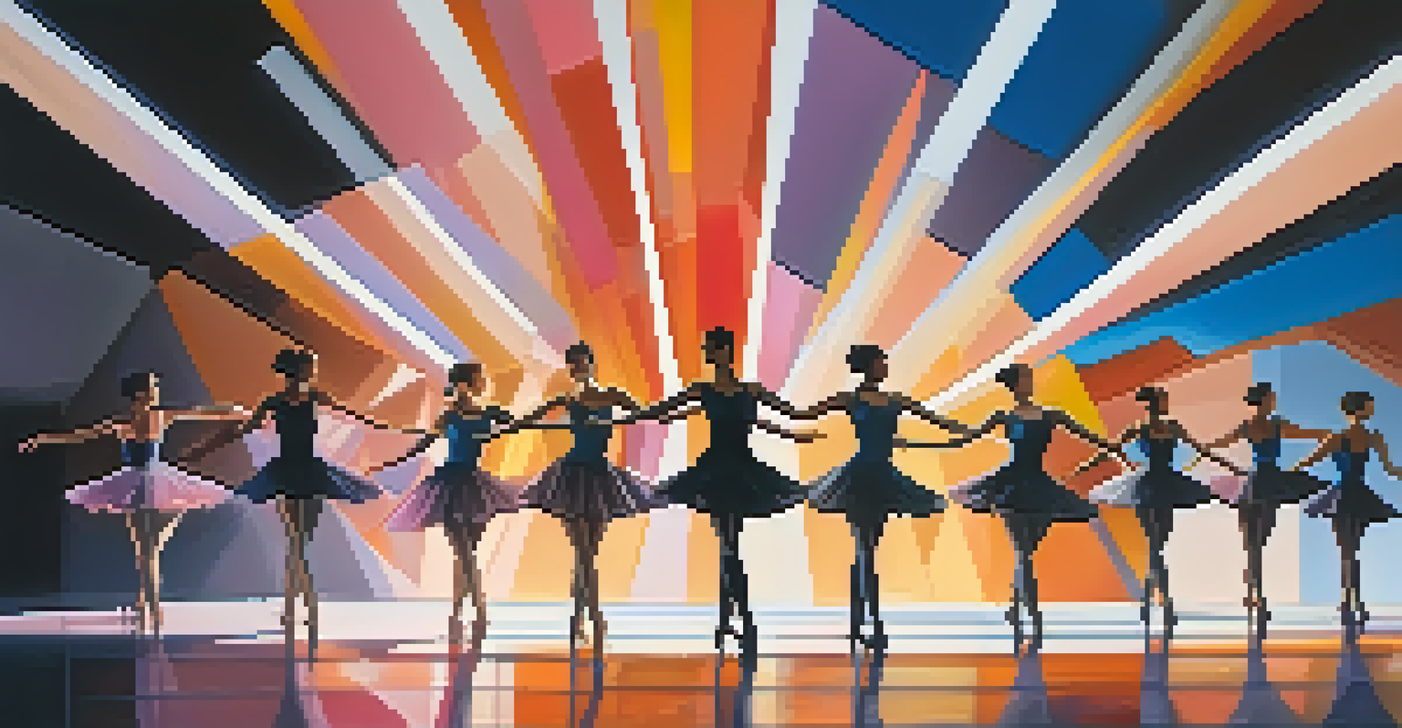 A contemporary ballet performance with diverse dancers in minimalist outfits, set against an abstract stage with dramatic lighting and vibrant colors.