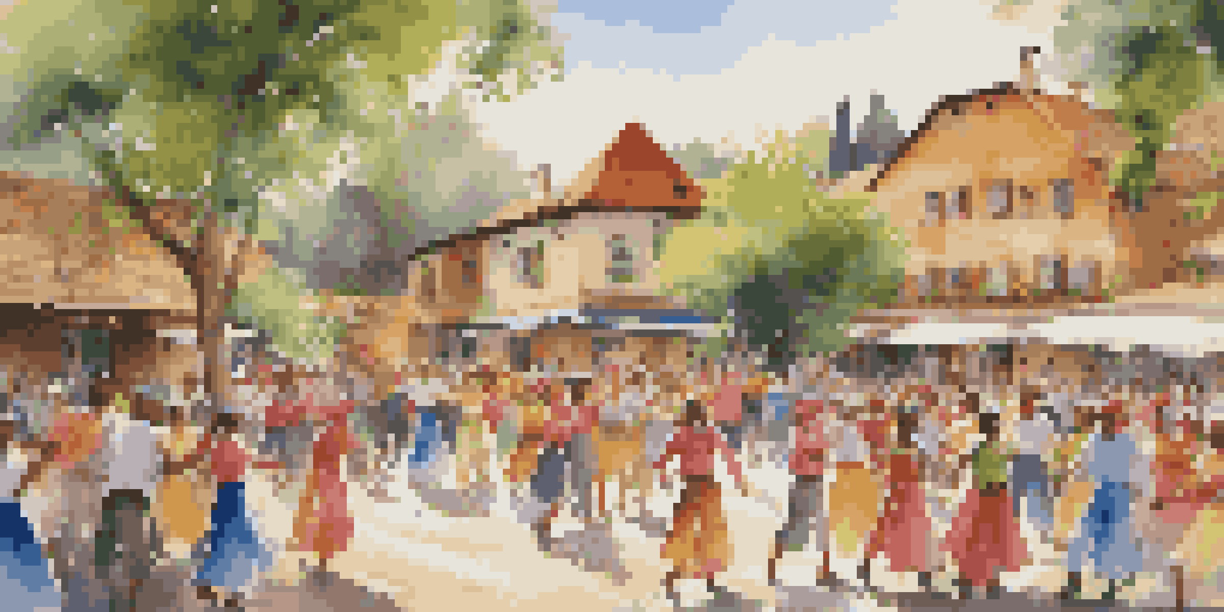 A lively folk dance in a village square with dancers in colorful costumes, surrounded by an enthusiastic crowd and a picturesque backdrop.