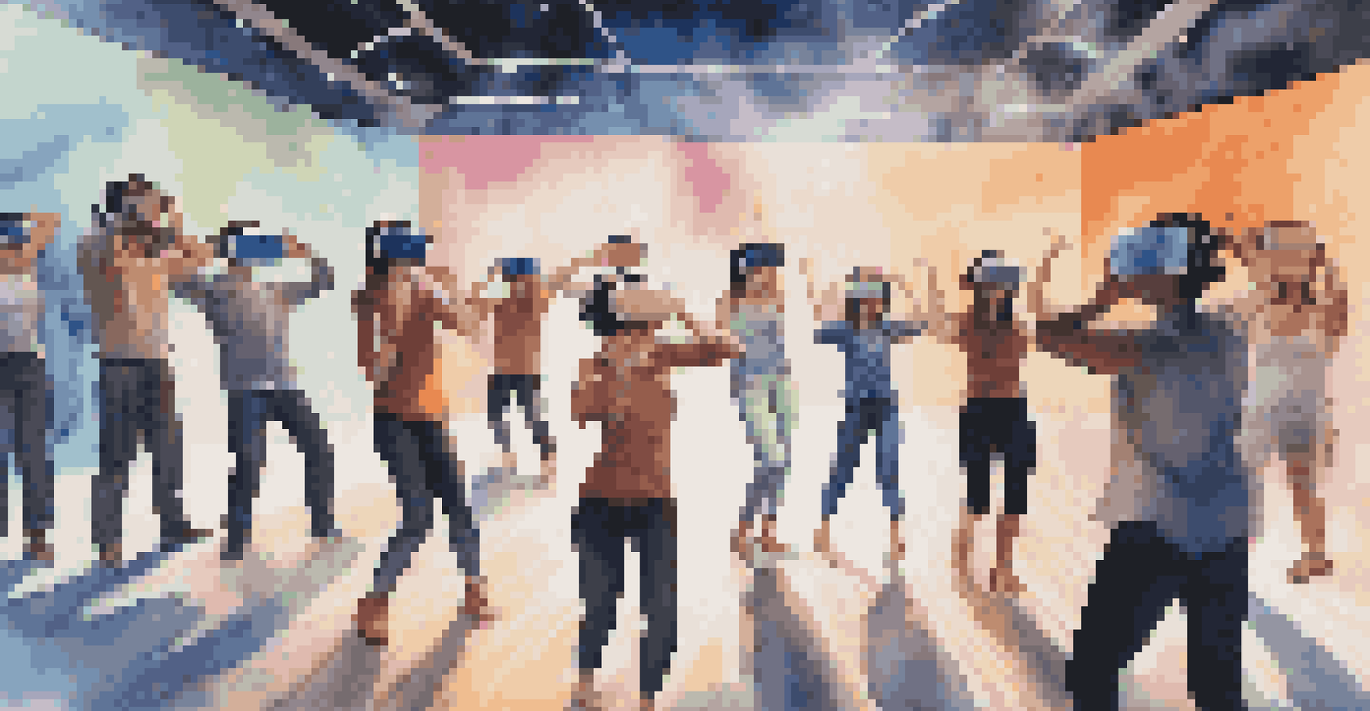 Audience members wearing VR headsets, engaged in an interactive dance performance with dynamic visuals around them.