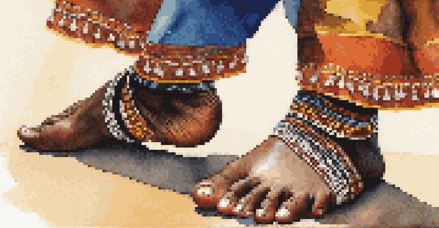 A close-up view of a dancer's feet performing traditional African dance, showcasing intricate movements and colorful attire. The focus is on the energy and cultural significance of the dance.