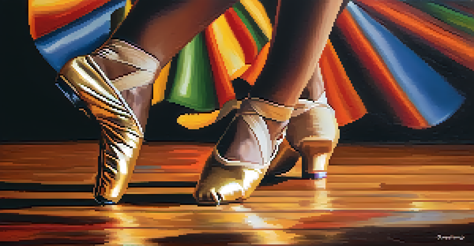 A close-up view of a dancer's feet in traditional and modern dance shoes performing on a polished wooden floor.