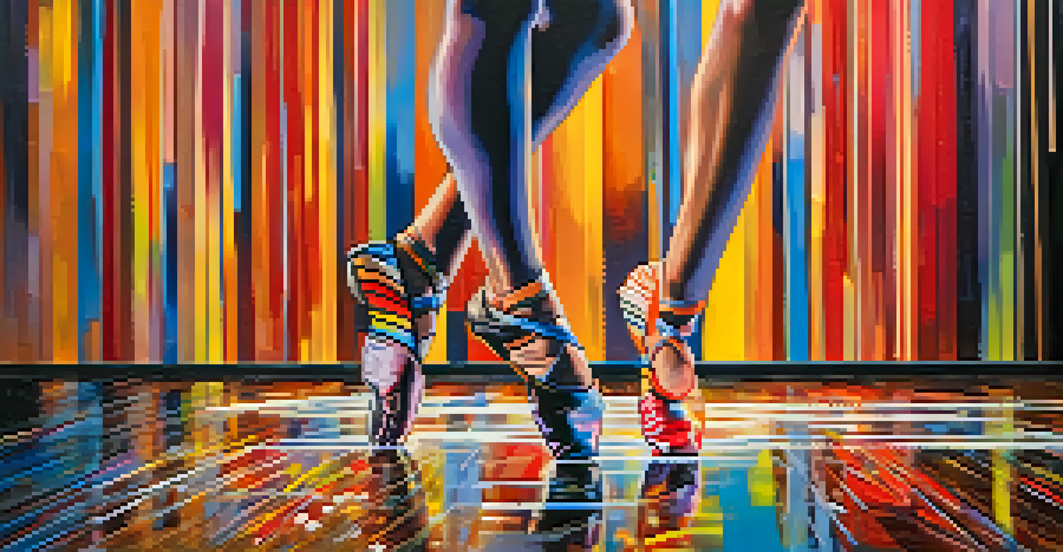 Close-up of a dancer's feet in motion on a textured stage, highlighting colorful shoes and intricate footwork.