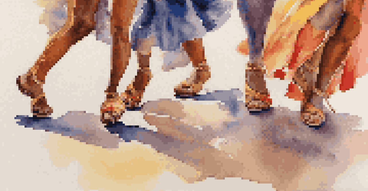 A close-up of dancers' feet in motion at a dance festival, displaying various dance styles and colorful patterns on the ground.