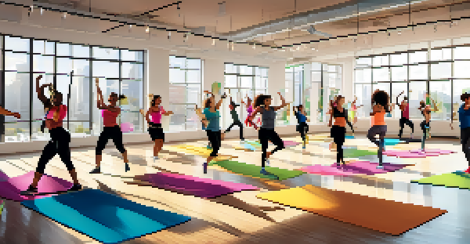 A diverse group of employees enjoying a lively Zumba dance fitness class in a bright office space, with colorful exercise mats and water bottles around.