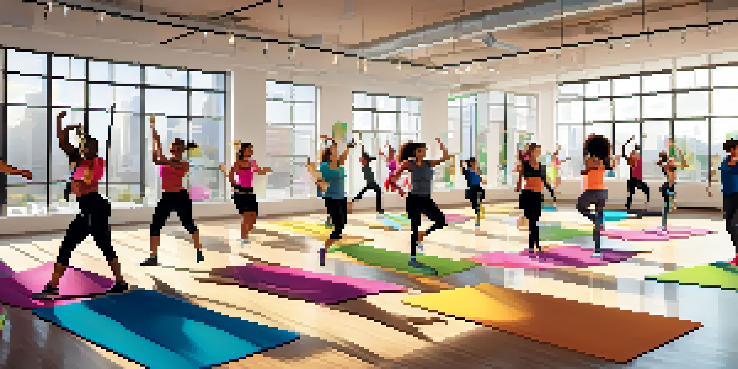 A diverse group of employees enjoying a lively Zumba dance fitness class in a bright office space, with colorful exercise mats and water bottles around.