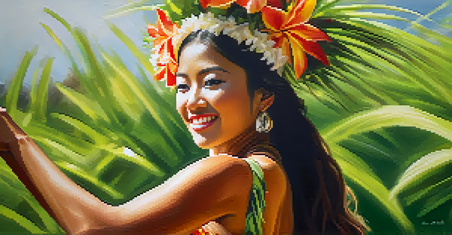 A close-up of a Hawaiian hula dancer in traditional attire, gracefully performing with a floral crown, surrounded by a softly blurred background.