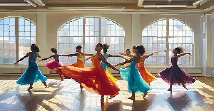 A diverse group of dancers collaborating in a bright dance studio, showcasing various dance styles and colorful costumes.