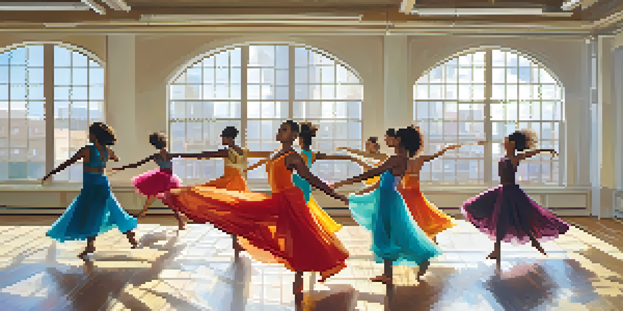 A diverse group of dancers collaborating in a bright dance studio, showcasing various dance styles and colorful costumes.