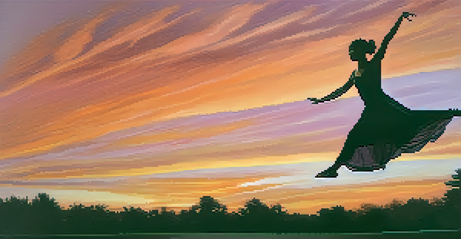 A solo dancer in a flowing dress leaping against a colorful sunset sky during an outdoor performance.