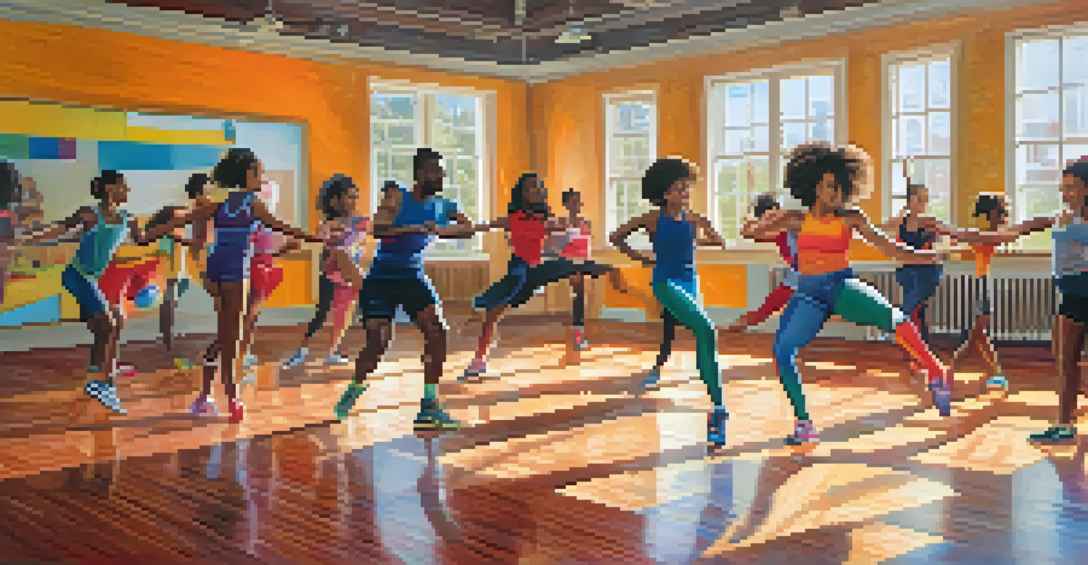 A diverse group of athletes enjoying a dance class together, showcasing teamwork and athleticism in a lively studio environment.