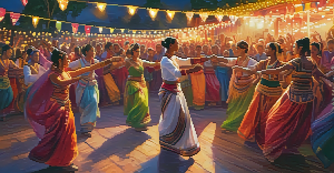 A lively dance festival with dancers in traditional costumes from different cultures performing under colorful banners and fairy lights, surrounded by an enthusiastic audience.