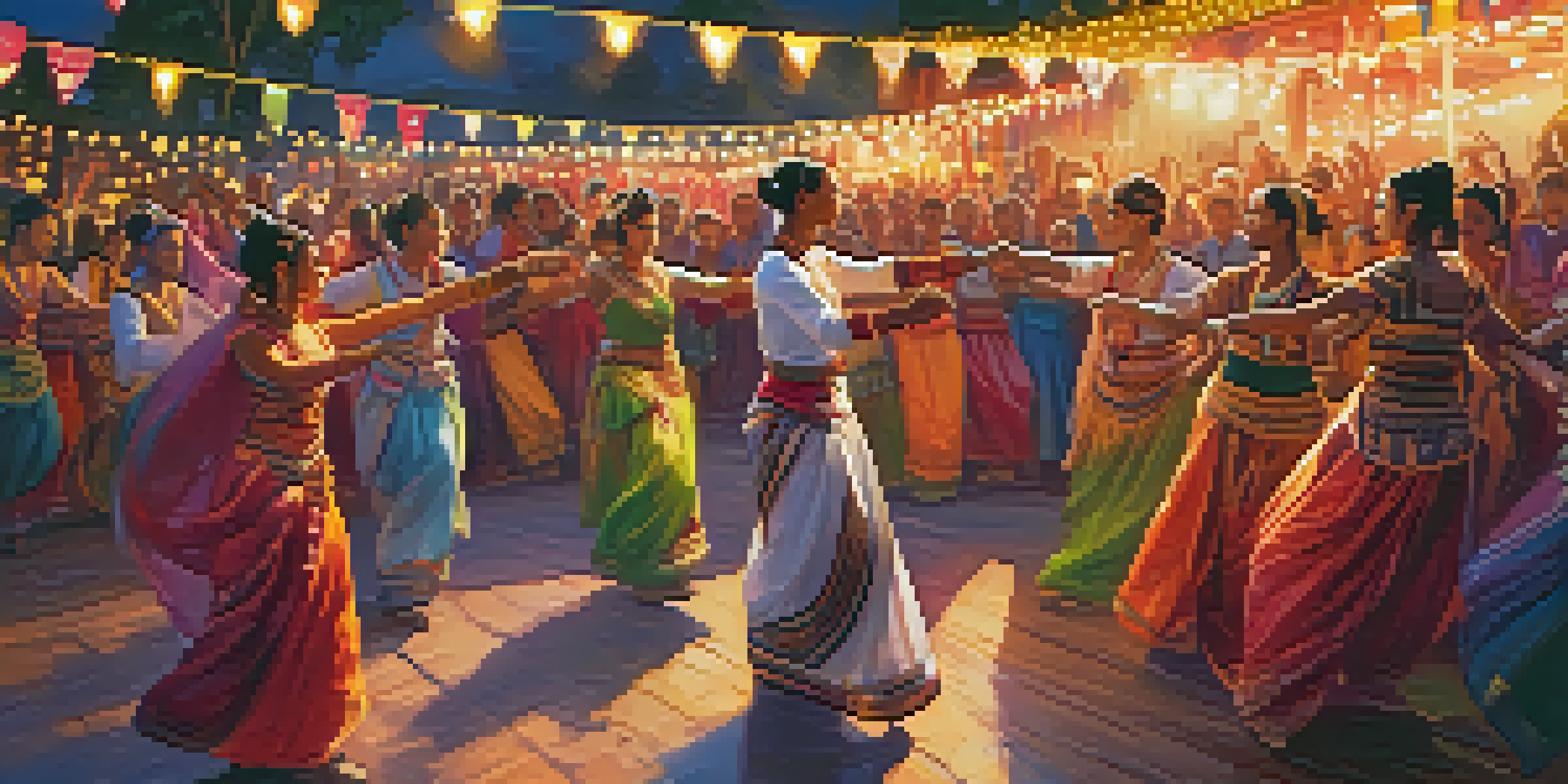 A lively dance festival with dancers in traditional costumes from different cultures performing under colorful banners and fairy lights, surrounded by an enthusiastic audience.