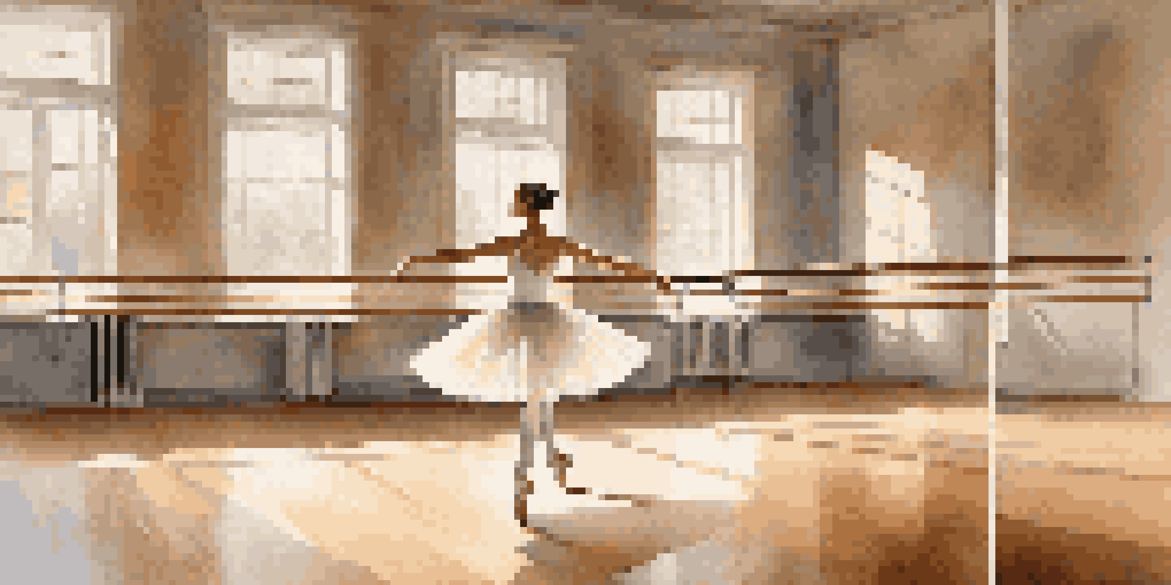A ballet dancer practicing at a barre in a well-lit dance studio, with wooden floors and mirrors reflecting her movements.