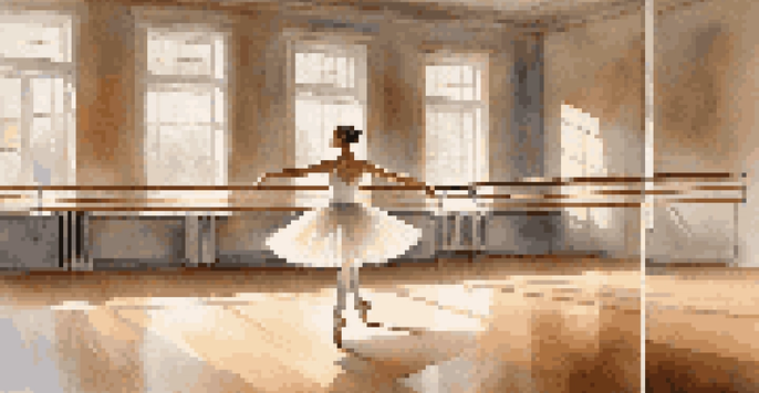 A ballet dancer practicing at a barre in a well-lit dance studio, with wooden floors and mirrors reflecting her movements.