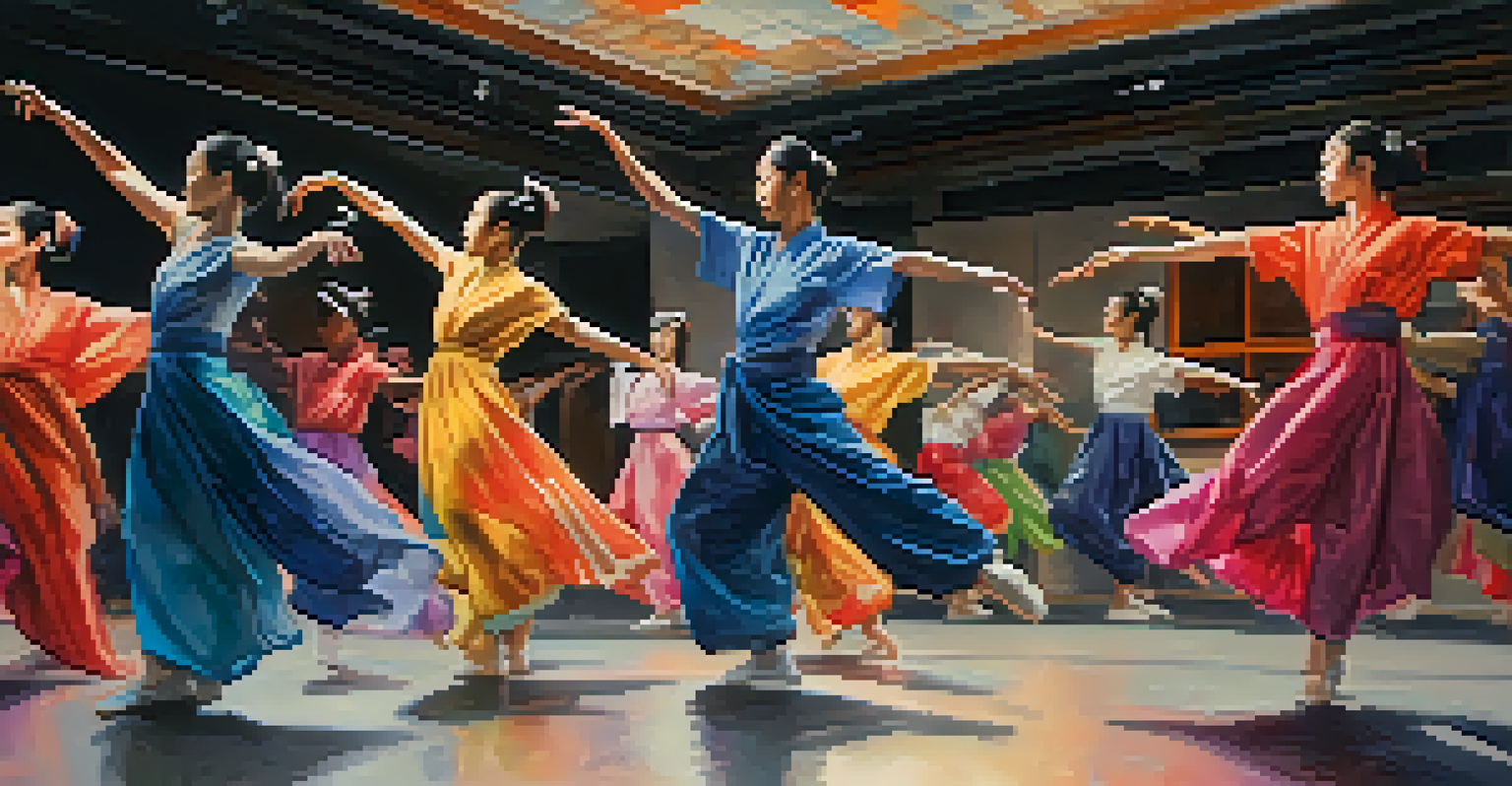 A group of dancers in modern attire rehearses a contemporary Japanese dance, with mirrors reflecting their movements and colorful lights in the studio.