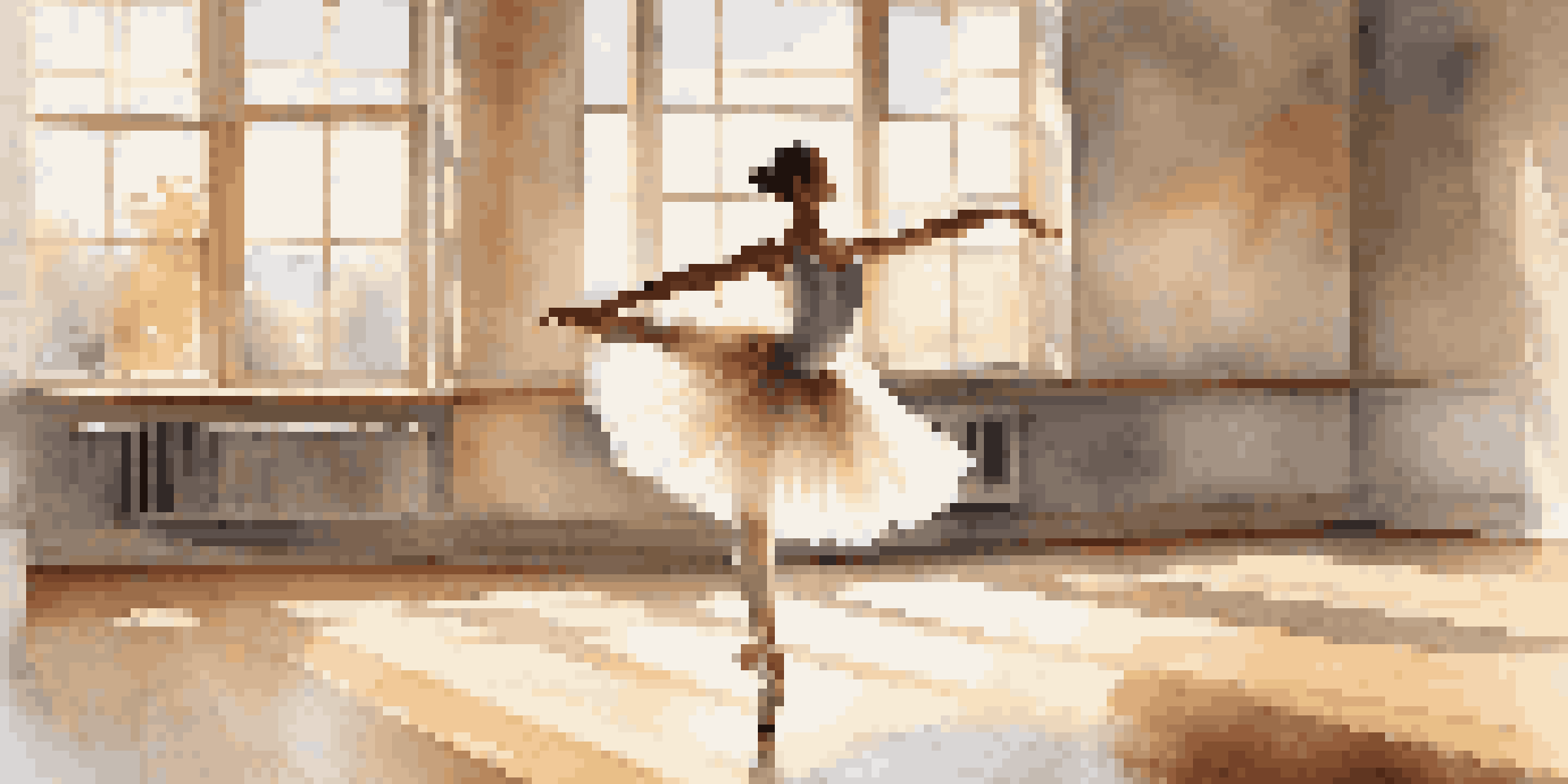 A ballet dancer in a tutu performing a pose in a sunlit studio with large windows.