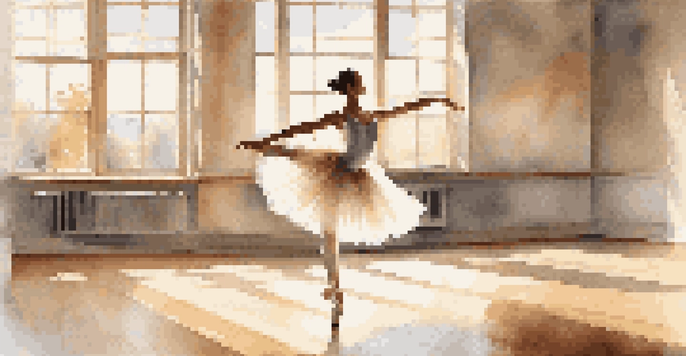A ballet dancer in a tutu performing a pose in a sunlit studio with large windows.