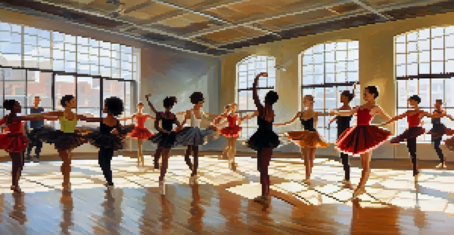 A diverse group of dancers collaborating in a studio, practicing various dance styles under natural light.