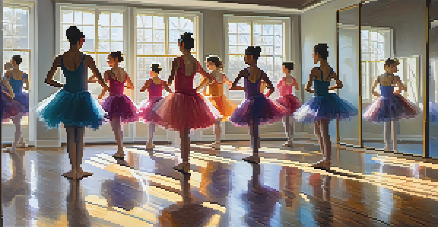 A group of young dancers practicing in a bright dance studio, surrounded by mirrors and sunlight, focused on their choreography and wearing colorful costumes.