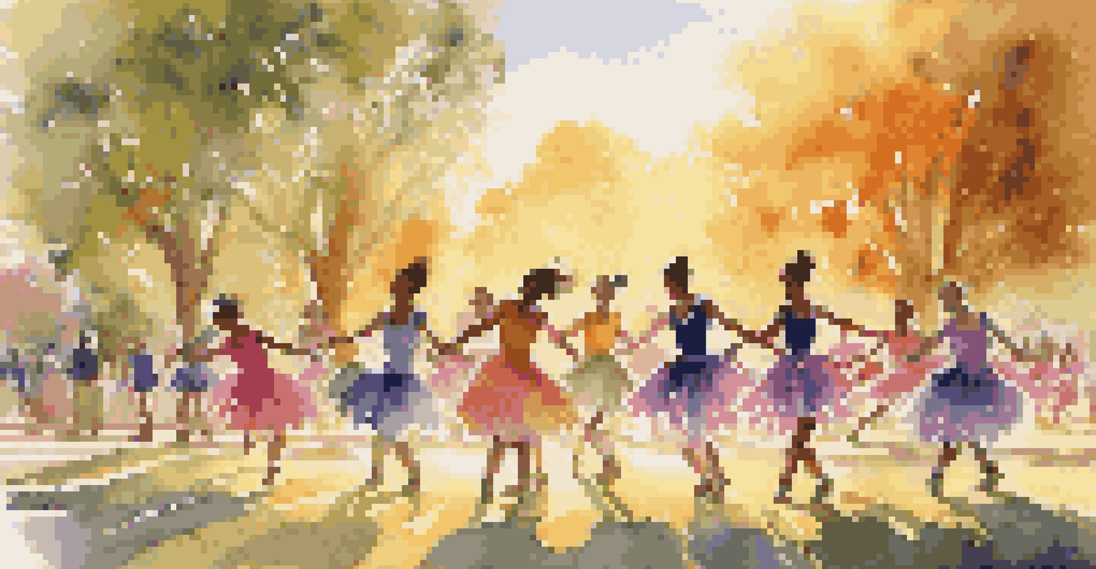 A group of young dancers performing in a public park at sunset, surrounded by nature and expressing joy and creativity.
