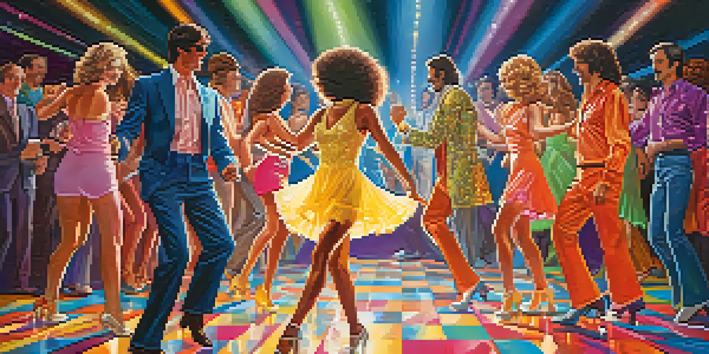 A lively disco scene with dancers in 1970s fashion, bright lights, and a joyful atmosphere.