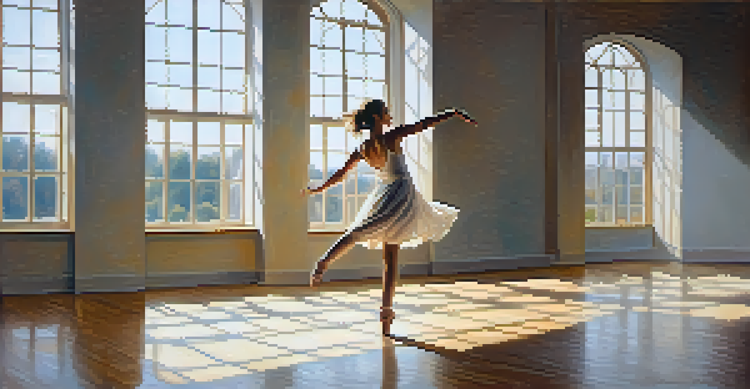 A dancer alone in a sunlit studio, stretching and moving, surrounded by warm light and a calming atmosphere.