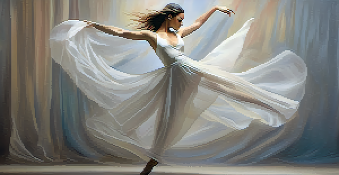 A dancer performing elegantly in a flowing costume, surrounded by a soft and abstract background, capturing the essence of poetry through movement.