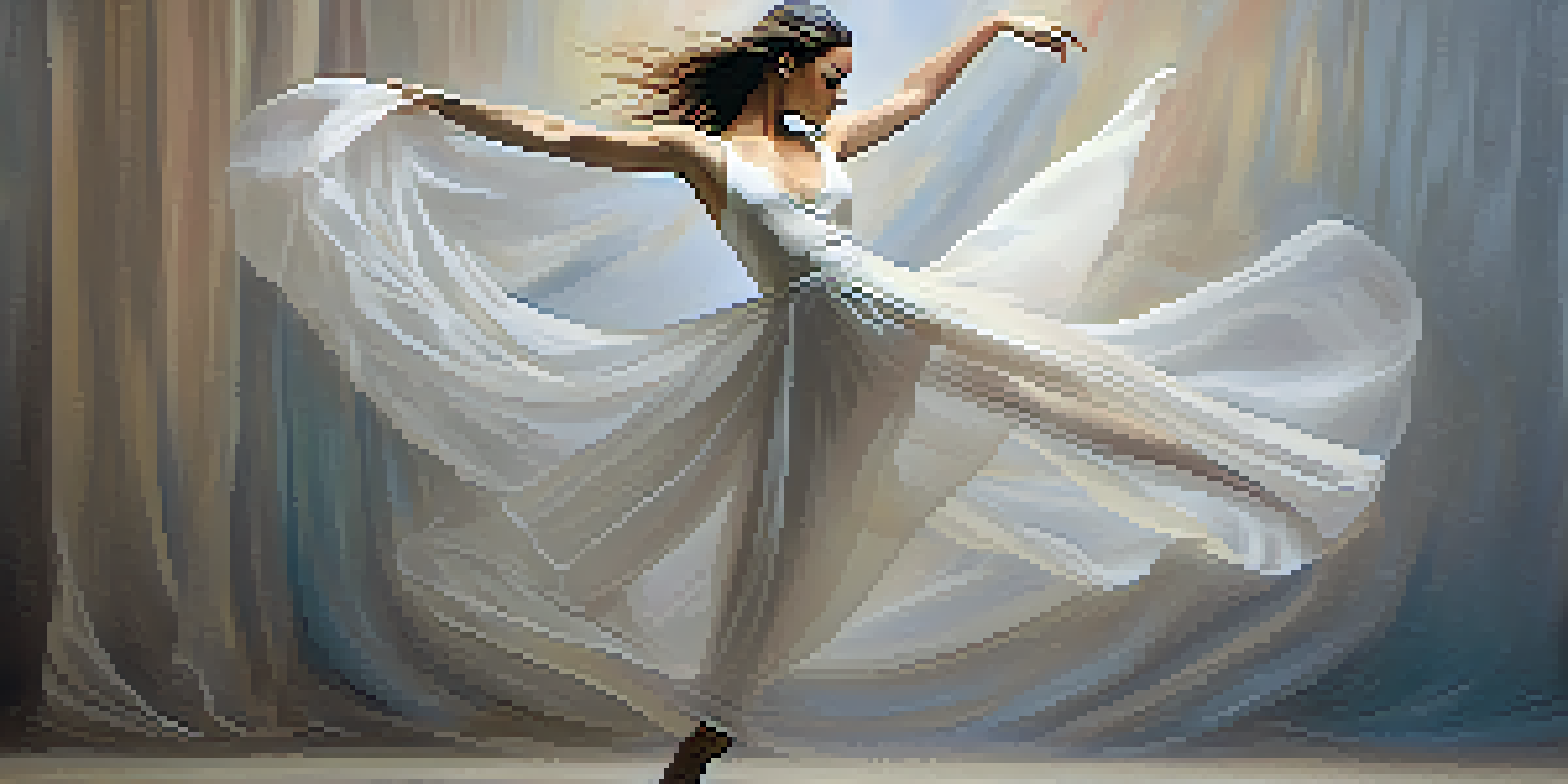 A dancer performing elegantly in a flowing costume, surrounded by a soft and abstract background, capturing the essence of poetry through movement.