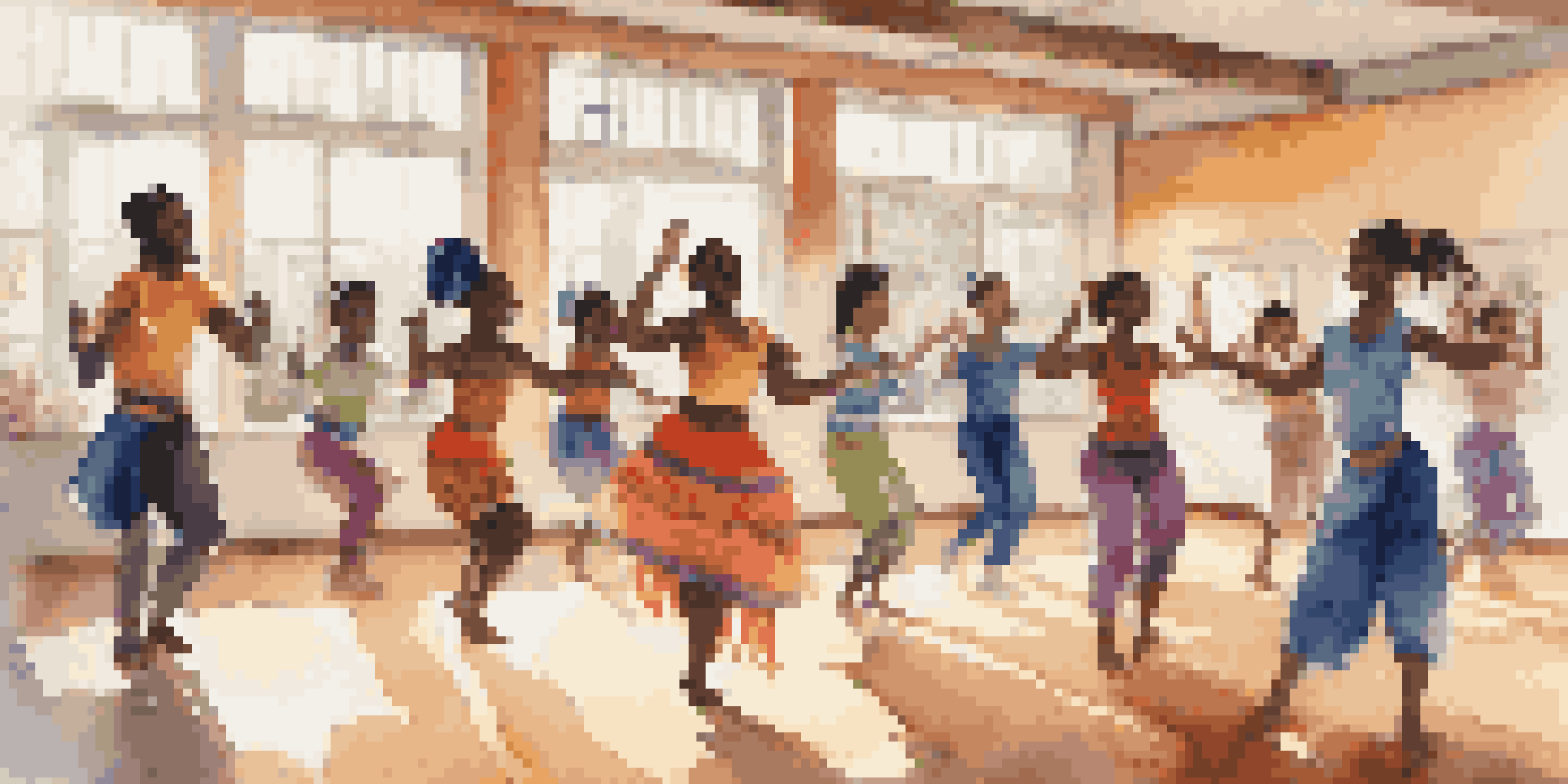 A vibrant dance studio with diverse students participating in a traditional African dance class, surrounded by colorful cultural decorations.