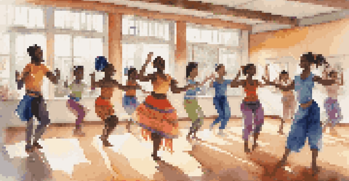 A vibrant dance studio with diverse students participating in a traditional African dance class, surrounded by colorful cultural decorations.