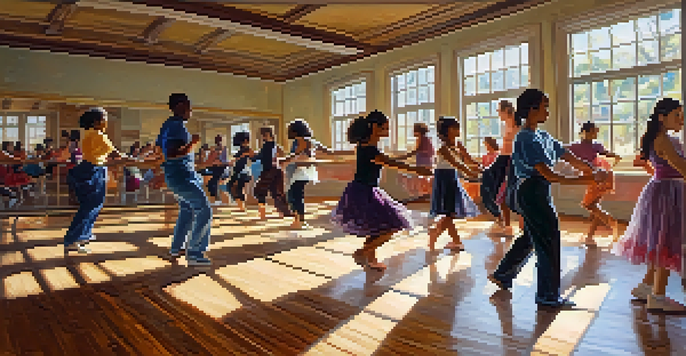 A lively dance class with diverse individuals dancing together in a bright studio, reflecting joy and connection.